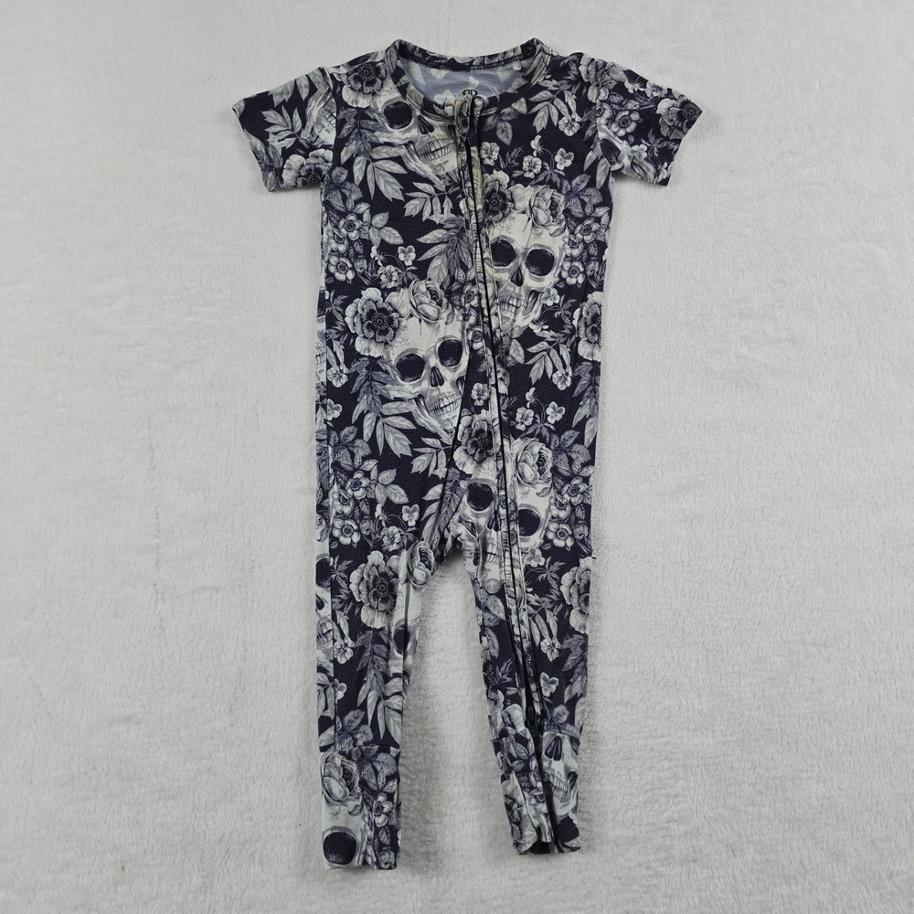 Bums & Roses Skulls Floral Bamboo Romper 6-9 Months Black Gray Zip Halloween